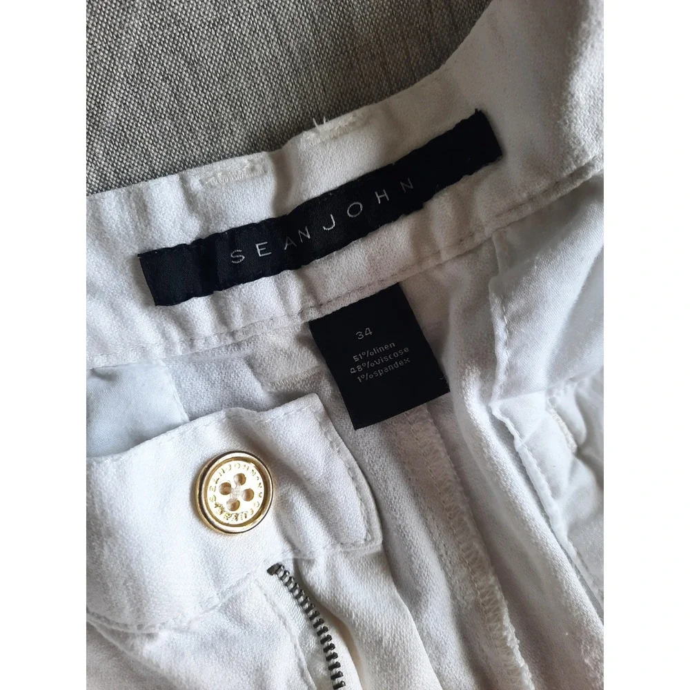 Sean John Men 34 Pure Linen Performance Active Pockets White Cargo Short